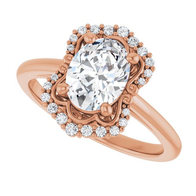 Scalloped halo diamond engagement ring in 14K gold, diamond center, three-quarter angle variant--Oval variant--2CT variant--14K-rose-gold