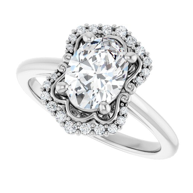 Scalloped halo diamond engagement ring in 14K gold, diamond center, in packaging variant--Oval variant--2CT variant--14K-white-gold