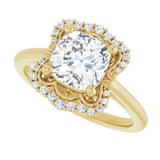 Scalloped halo diamond engagement ring in 14K gold, diamond center, three-quarter angle variant--Cushion variant--2CT variant--14K-yellow-gold