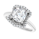 Scalloped halo diamond engagement ring in 14K gold, diamond center, on hand variant--Cushion variant--2CT variant--14K-white-gold