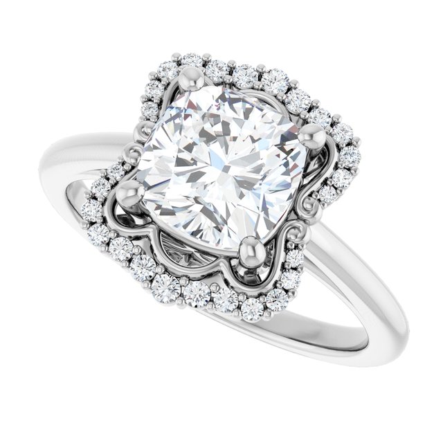Scalloped halo diamond engagement ring in 14K gold, diamond center, on hand variant--Cushion variant--2CT variant--14K-white-gold