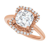 Scalloped halo diamond engagement ring in 14K gold, diamond center, showing scalloped detail variant--Cushion variant--2CT variant--14K-rose-gold