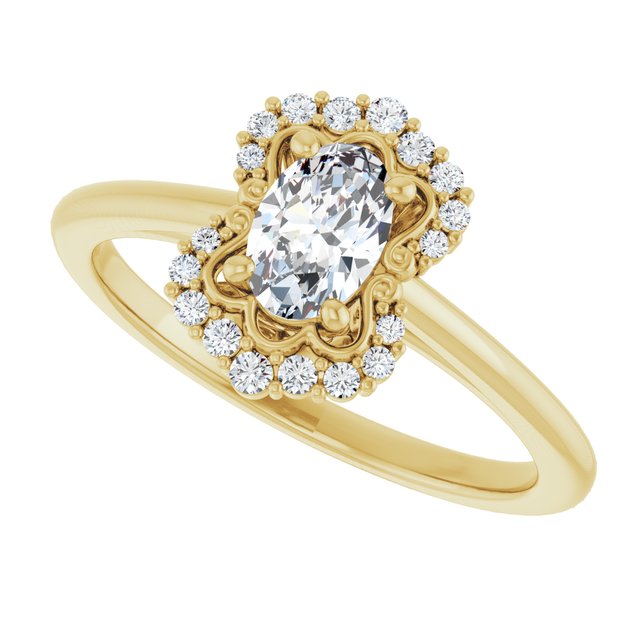 Scalloped halo diamond engagement ring in 14K gold, diamond center, close-up of halo/2-CT variant--.5CT variant--Oval variant--.5CT variant--14K-yellow-gold