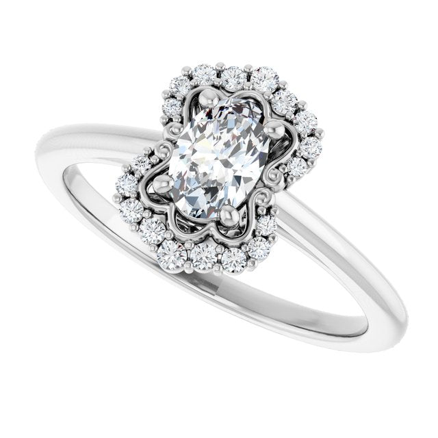 Scalloped halo diamond engagement ring in 14K gold, diamond center, showing scalloped detail/2-CT variant--.5CT variant--Oval variant--.5CT variant--14K-white-gold