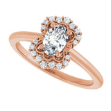 Scalloped halo diamond engagement ring in 14K gold, diamond center, in packaging/2-CT variant--.5CT variant--Oval variant--.5CT variant--14K-rose-gold