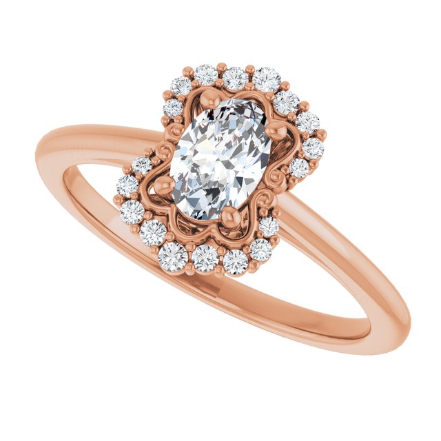 Scalloped halo diamond engagement ring in 14K gold, diamond center, in packaging/2-CT variant--.5CT variant--Oval variant--.5CT variant--14K-rose-gold