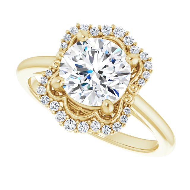 Scalloped halo diamond engagement ring in 14K gold, diamond center, on hand variant--Round variant--2CT variant--14K-yellow-gold