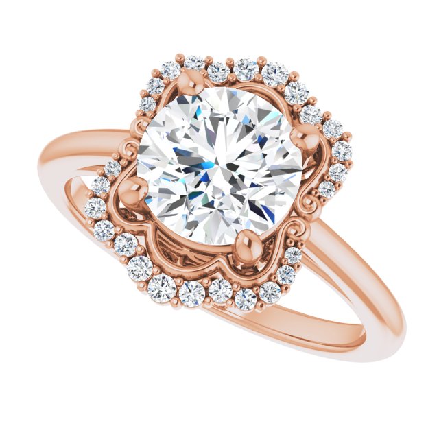 Scalloped halo diamond engagement ring in 14K gold, diamond center, in packaging variant--Round variant--2CT variant--14K-rose-gold