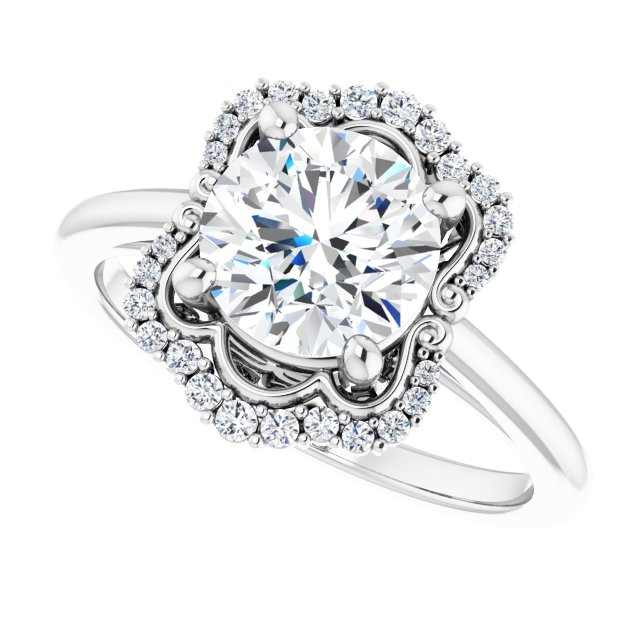 Scalloped halo diamond engagement ring in 14K gold, diamond center, showing scalloped detail variant--Round variant--2CT variant--14K-white-gold