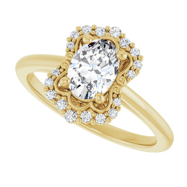 Scalloped halo diamond engagement ring in 14K gold, diamond center, front view variant--Oval variant--1CT variant--14K-yellow-gold