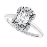 Scalloped halo diamond engagement ring in 14K gold, diamond center, three-quarter angle variant--Oval variant--1CT variant--14K-white-gold