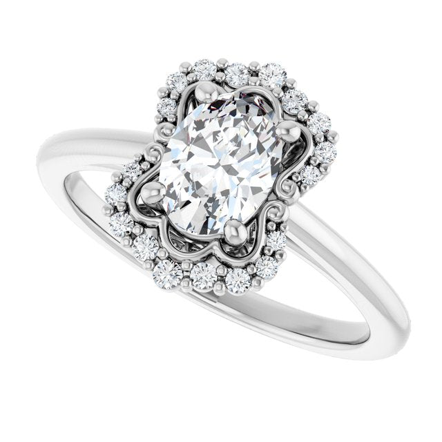 Scalloped halo diamond engagement ring in 14K gold, diamond center, three-quarter angle variant--Oval variant--1CT variant--14K-white-gold
