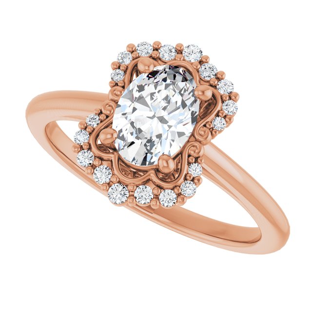 Scalloped halo diamond engagement ring in 14K gold, diamond center, on hand variant--Oval variant--1CT variant--14K-rose-gold
