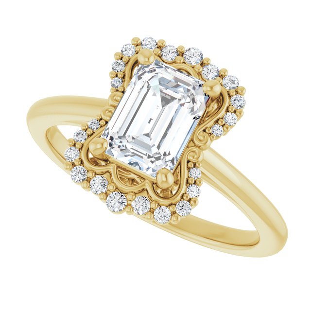 Scalloped halo diamond engagement ring in 14K gold, diamond center, three-quarter angle variant--Emerald variant--1CT variant--14K-yellow-gold
