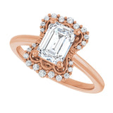 Scalloped halo diamond engagement ring in 14K gold, diamond center, showing scalloped detail variant--Emerald variant--1CT variant--14K-rose-gold