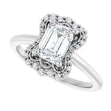 Scalloped halo diamond engagement ring in 14K gold, diamond center, on hand variant--Emerald variant--1CT variant--14K-white-gold