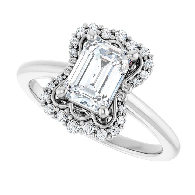 Scalloped halo diamond engagement ring in 14K gold, diamond center, on hand variant--Emerald variant--1CT variant--14K-white-gold