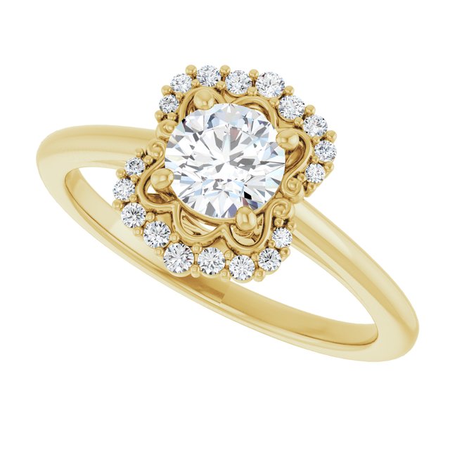 Scalloped halo diamond engagement ring in 14K gold, diamond center, in packaging/2-CT variant--.5CT variant--Round variant--.5CT variant--14K-yellow-gold