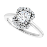 Scalloped halo diamond engagement ring in 14K gold, diamond center, three-quarter angle/2-CT variant--.5CT variant--Round variant--.5CT variant--14K-white-gold