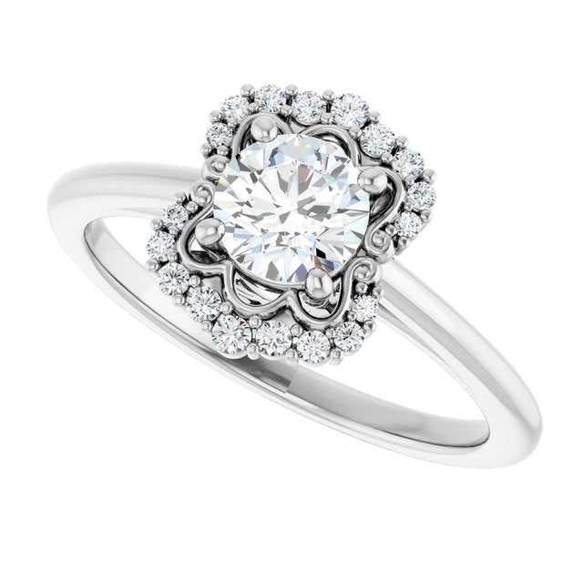 Scalloped halo diamond engagement ring in 14K gold, diamond center, three-quarter angle/2-CT variant--.5CT variant--Round variant--.5CT variant--14K-white-gold