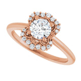 Scalloped halo diamond engagement ring in 14K gold, diamond center, on hand/2-CT variant--.5CT variant--Round variant--.5CT variant--14K-rose-gold