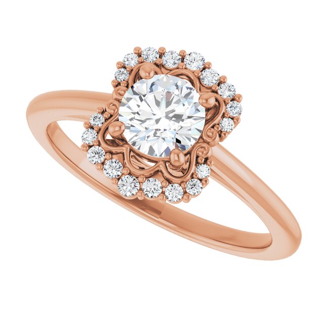 Scalloped halo diamond engagement ring in 14K gold, diamond center, on hand/2-CT variant--.5CT variant--Round variant--.5CT variant--14K-rose-gold