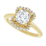 Scalloped halo diamond engagement ring in 14K gold, diamond center, on hand variant--Cushion variant--1CT variant--14K-yellow-gold