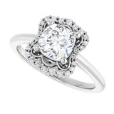 Scalloped halo diamond engagement ring in 14K gold, diamond center, showing scalloped detail variant--Cushion variant--1CT variant--14K-white-gold
