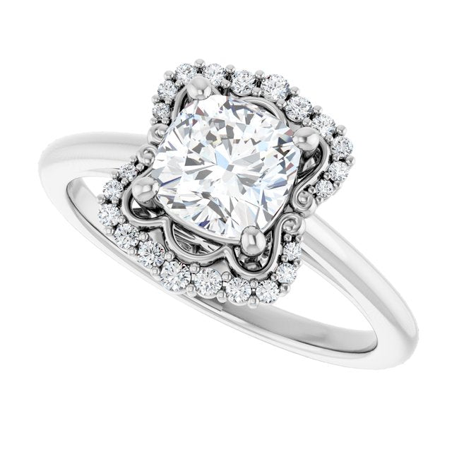 Scalloped halo diamond engagement ring in 14K gold, diamond center, showing scalloped detail variant--Cushion variant--1CT variant--14K-white-gold