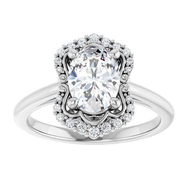 14K white gold 2CT Oval Scalloped Halo Diamond Engagement Ring/2-CT variant--.5CT variant--Emerald variant--.5CT variant--14K-white-gold