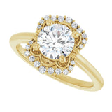 Scalloped halo diamond engagement ring in 14K gold, diamond center, showing scalloped detail variant--Round variant--1CT variant--14K-yellow-gold