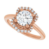 Scalloped halo diamond engagement ring in 14K gold, diamond center, three-quarter angle variant--Round variant--1CT variant--14K-rose-gold