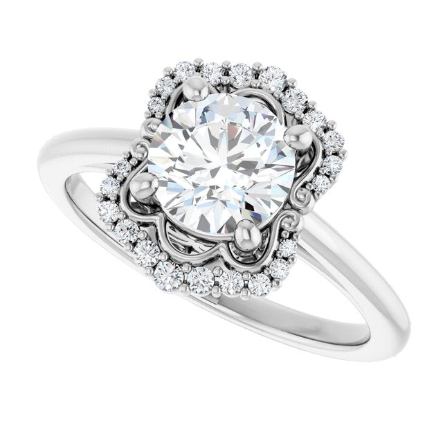 Scalloped halo diamond engagement ring in 14K gold, diamond center, in packaging variant--Round variant--1CT variant--14K-white-gold