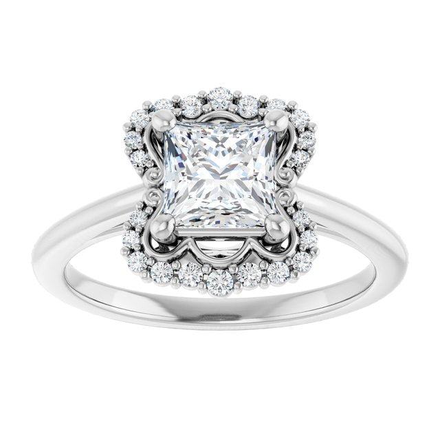 14K white gold 1CT Square Scalloped Halo Diamond Engagement Ring variant--Square variant--2CT variant--14K-white-gold