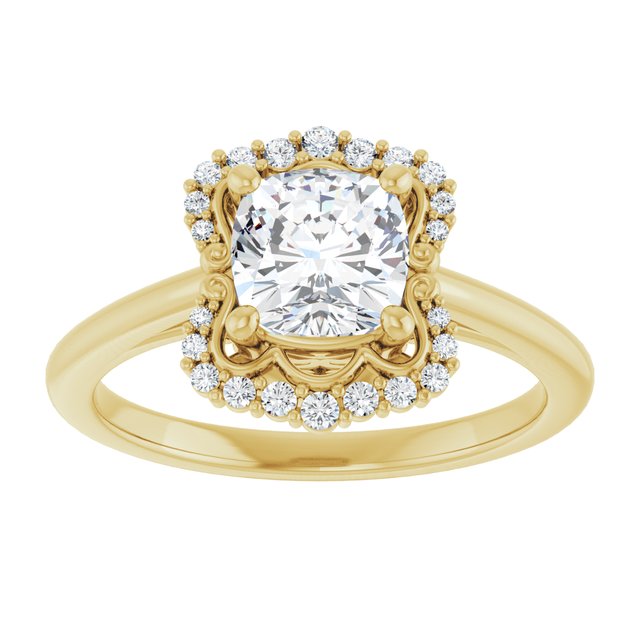 14K yellow gold 1CT Cushion Scalloped Halo Diamond Engagement Ring variant--Cushion variant--2CT variant--14K-yellow-gold