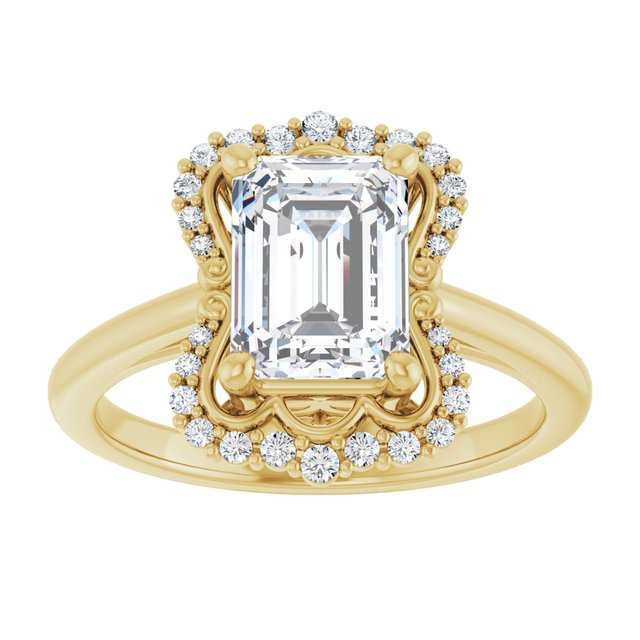 14K yellow gold 2CT Emerald Scalloped Halo Diamond Engagement Ring/2-CT variant--.5CT variant--Cushion variant--.5CT variant--14K-yellow-gold