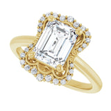 Scalloped halo diamond engagement ring in 14K gold, diamond center, in packaging variant--Emerald variant--2CT variant--14K-yellow-gold
