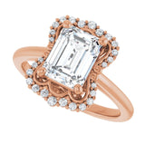Scalloped halo diamond engagement ring in 14K gold, diamond center, on hand variant--Emerald variant--2CT variant--14K-rose-gold