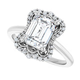 Scalloped halo diamond engagement ring in 14K gold, diamond center, three-quarter angle variant--Emerald variant--2CT variant--14K-white-gold
