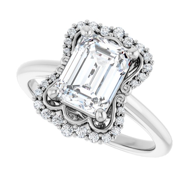 Scalloped halo diamond engagement ring in 14K gold, diamond center, three-quarter angle variant--Emerald variant--2CT variant--14K-white-gold