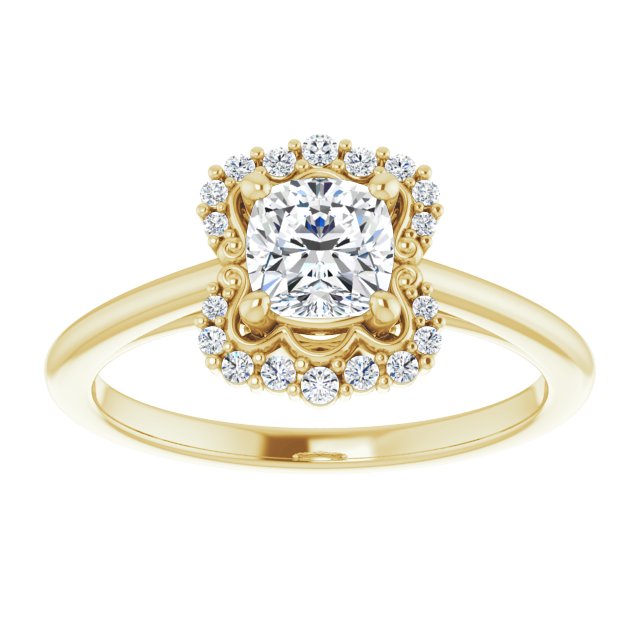14K yellow gold .5CT Cushion Scalloped Halo Diamond Engagement Ring variant--Cushion variant--1CT variant--14K-yellow-gold