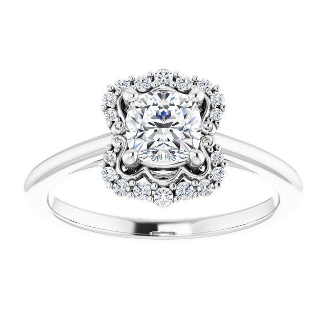 14K white gold .5CT Cushion Scalloped Halo Diamond Engagement Ring variant--Cushion variant--1CT variant--14K-white-gold