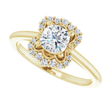 Scalloped halo diamond engagement ring in 14K gold, diamond center, showing scalloped detail/2-CT variant--.5CT variant--Cushion variant--.5CT variant--14K-yellow-gold