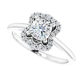 Scalloped halo diamond engagement ring in 14K gold, diamond center, in packaging/2-CT variant--.5CT variant--Cushion variant--.5CT variant--14K-white-gold