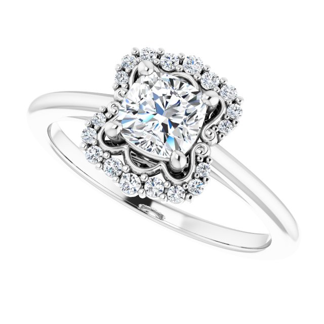Scalloped halo diamond engagement ring in 14K gold, diamond center, in packaging/2-CT variant--.5CT variant--Cushion variant--.5CT variant--14K-white-gold