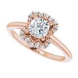 Scalloped halo diamond engagement ring in 14K gold, diamond center, three-quarter angle/2-CT variant--.5CT variant--Cushion variant--.5CT variant--14K-rose-gold
