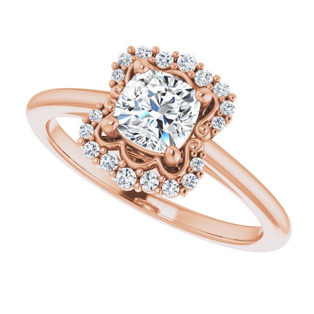 Scalloped halo diamond engagement ring in 14K gold, diamond center, three-quarter angle/2-CT variant--.5CT variant--Cushion variant--.5CT variant--14K-rose-gold