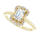 Scalloped halo diamond engagement ring in 14K gold, diamond center, on hand/2-CT variant--.5CT variant--Emerald variant--.5CT variant--14K-yellow-gold