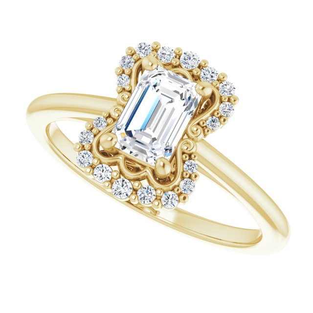 Scalloped halo diamond engagement ring in 14K gold, diamond center, on hand/2-CT variant--.5CT variant--Emerald variant--.5CT variant--14K-yellow-gold