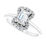 Scalloped halo diamond engagement ring in 14K gold, diamond center, showing scalloped detail/2-CT variant--.5CT variant--Emerald variant--.5CT variant--14K-white-gold